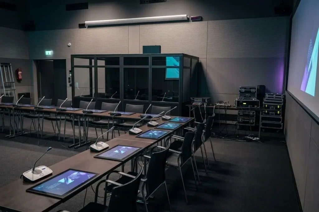 Mesa de control técnico en sala de congresos preparada para un evento multilingüe